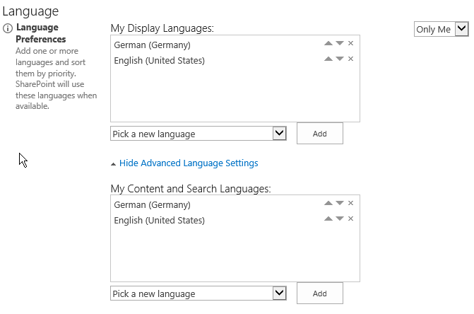 SharePoint language settings are correctly displayed in the users mysite